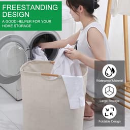 Waterdichte wasmand - Wasmand Inklapbaar -Grote opvouwbare wasmand - met versterkte houten handgreep - 60L opbergmand voor speelgoedkleding - Opbergmand voor vuile was - voor wasgoed, badkamer (lengte 56 cm) — thumbnail 3