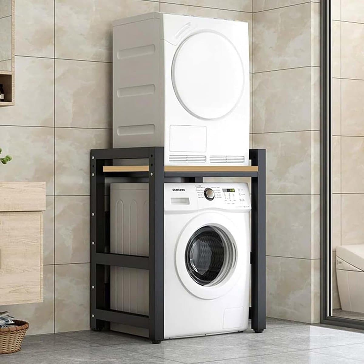 Wasmachine Standaard – Wasmachine Verhoger – Droger Steun – Opbouwmeubel – Stapelrek – Verstelbare Hoogte – Stevig Smeedijzer Met Walnoot Afwerking — afbeelding 1