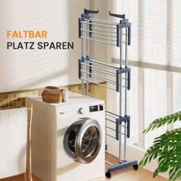 3-Laags Wasdroogrek met Verstelbare Stangen en Wielen – Opvouwbaar Droogrek met Hangers – Geschikt voor Binnen & Buiten — thumbnail 3