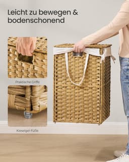 SONGMICS LCB216Y01 Wasmand 2 compartimenten wasmand 160 L Synthetische rotan wasmand met deksel en handvatten gevlochten opvouwbare verwijderbare waszak natuurlijke kleur — thumbnail 3