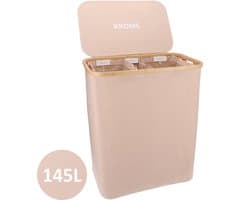KROMS Wasmand 3 vakken - Zand - Inclusief NL & ENG Labels - Wassorteerder bamboe - Laundry basket - Wasmand met deksel -145 L — afbeelding 1