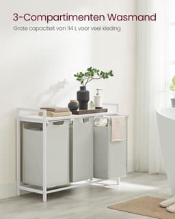 VASAGLE - Wasmand - 114 liter - 3 compartimenten - wasmeubel / wasverzamelaar met plank - Oxford-stof - verwijderbaar metalen frame - 3 x 38 L - 92,5 x 33 x 72 cm - wit — thumbnail 3
