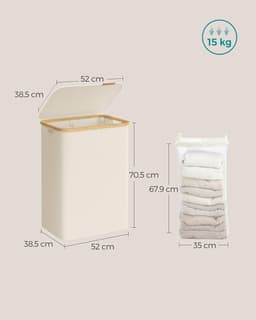 SONGMICS LCB513W01 Wasmand met deksel met 2 vakken, 130 liter, uitneembare waszak, Oxford-stof, handgrepen van bamboe, opvouwbaar, 52 x 38,5 x 70,5 cm, crèmewit — thumbnail 2