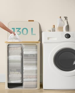 SONGMICS LCB513W01 Wasmand met deksel met 2 vakken, 130 liter, uitneembare waszak, Oxford-stof, handgrepen van bamboe, opvouwbaar, 52 x 38,5 x 70,5 cm, crèmewit — thumbnail 3