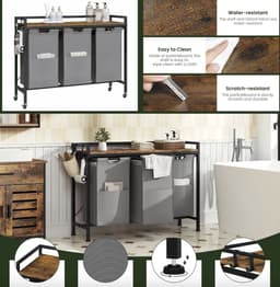 Amolass - Wasmand 3 Vakken - Wassorteerder - Wasmandtafel - Wasmandmeubel op Wielen - 31L per Zak - 96x30x75cm - Uitschuifbaar - — thumbnail 5