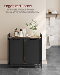 Dubbele industriële Wasmand – 2-delig Was Sorteerder met uitneembare Zakken en Plank – Metalen Frame – Camelbruin/Zwart — thumbnail 3
