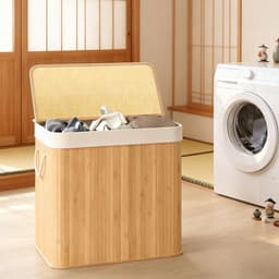 Bamboe Wasmand 150L met Deksel en 3 Compartimenten – Opvouwbare Wasmand met Uitneembare Binnenzak – Stevig, Duurzaam & Groot Formaat — thumbnail 3