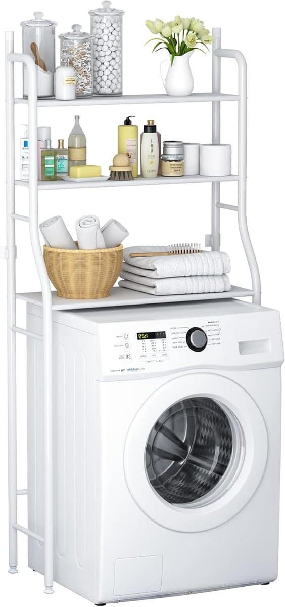 3 Tier Drum Washing Machine Storage Rack - Space Saving Bathroom Rack Above Toilet - Multi-Purpose Bearing Strong Adjustable Storage Rack - Steel White — afbeelding 1