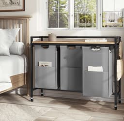 Varnox Wasmand kastje - Wasmandkastje - Tafel met wasmand - Wasmand met 3 vakken - Wassorteerder - Wasmand tafel - Badkamerkast - Wasmand meubel - Waszak - Wasmand rek - Light oak - Op wielen - Zwart metaal — thumbnail 3