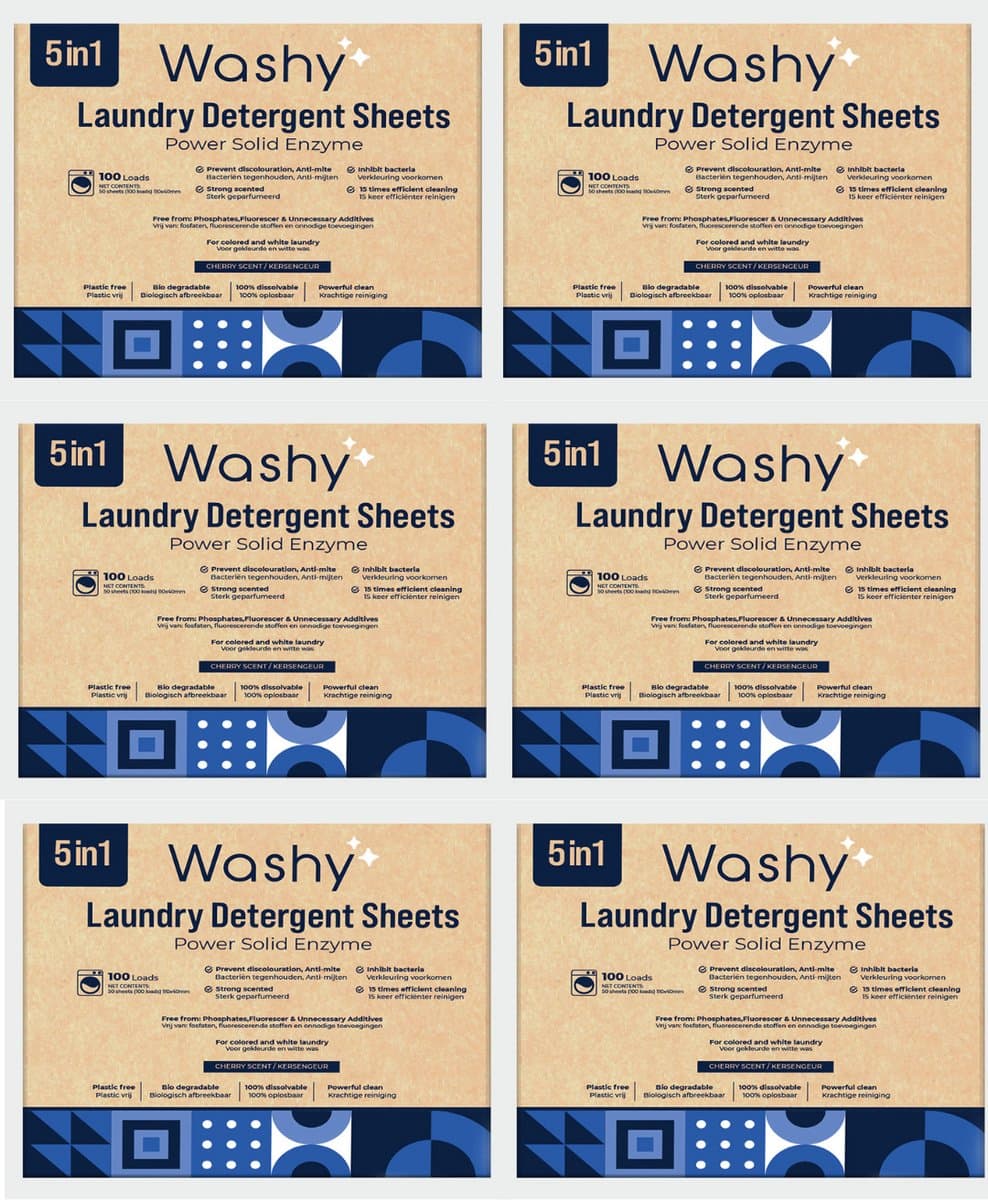 Washy Wasstrips Kersengeur 6X - Wasmiddeldoekjes voor Witte, Gekleurde en Zwarte Was - Wasmiddel Strips - Eco Wasmiddel Vellen - Duurzame Laundry Strips (600 wasbeurten) — afbeelding 1