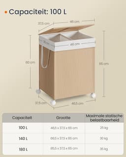 MAZAZU - Wasmand - 2 Compartimenten - Met Wielen - Beige - ‎46.5x37.5x65 — thumbnail 2