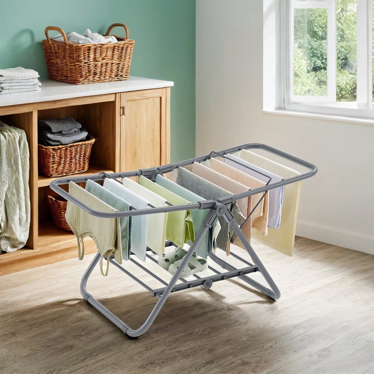 Opvouwbaar 2-Lagen Wasdroogrek - Ruimtebesparend Metalen Kledinghanger voor Kleine Kleding & Handdoeken, Vrijstaand Compact Ontwerp (44.45cm x 101.6cm x 53.34cm) — afbeelding 1