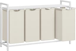 VASAGLE Wasmand 4 vakken, wasmand met plank, wasbox, waszak van uittrekbaar verwijderbare Oxford-stof, metalen frame, 4 x 40 L, 116 x 33 x 72 cm, wit — thumbnail 1