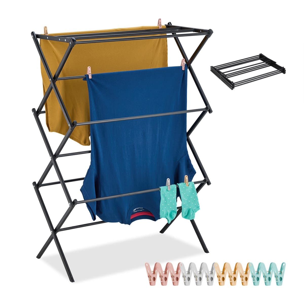 droogrek inklapbaar - met 12 knijpers - 105x74x37 cm - staand - zwart — afbeelding 1