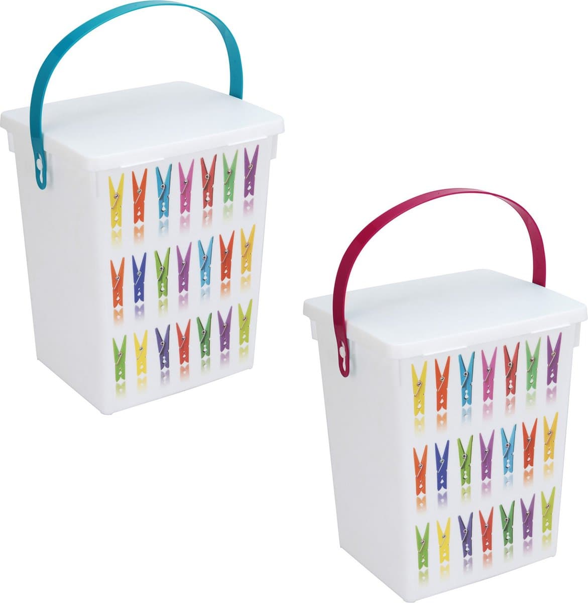 2x Wasknijper bewaarboxen roze en turquoise hengsel 5 liter 23 x 18 cm - huishoud - opbergers - Wasknijperboxen/wasknijperdozen — afbeelding 1
