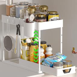 Uittrekbare kastorganizer - 2 verdiepingen - keuken - 4 haken - hangbeker - opheffen wastafel rek Wasmachine rek — thumbnail 1
