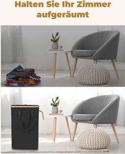Opvouwbare wasmand - ruimtebesparend - 52 l - bamboe en Oxford-stof - smal — thumbnail 5