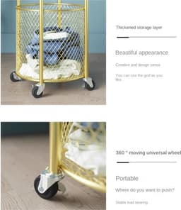 Wasmand Met Wielen - Kledingmand Opbergmand - Was Sorteren Opslag - Dubbele Laag Ontwerp - 28 x 92cm - Goud — thumbnail 2
