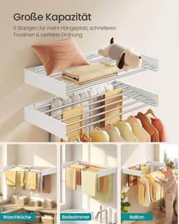SONGMICS Wasrek wandmontage, wasdroger inklapbaar 6 stangen, wandwasdroger uittrekbaar, wanddroger, ruimtebesparend, boorsjabloon, voor binnen en buiten, 100 cm, mat wit LLR810WE01 — thumbnail 3