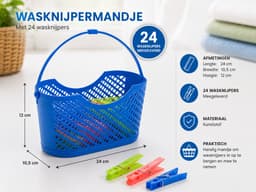 Wasknijpermandje met 24 Wasknijpers – Kunststof Wasknijpermand – Ophangbaar – 24 x 10,5 x 12 cm – Blauw — thumbnail 2