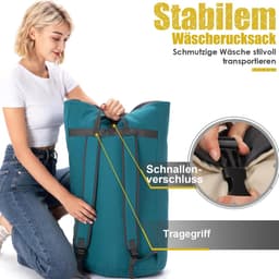 Waszak voor op reis, vuile was, XXL, 115 liter, waszak met 2 gevoerde schouderbanden, waszak, opvouwbare opbergzak, kledingtas, plunjezak, rugzak (turquoise) — thumbnail 2