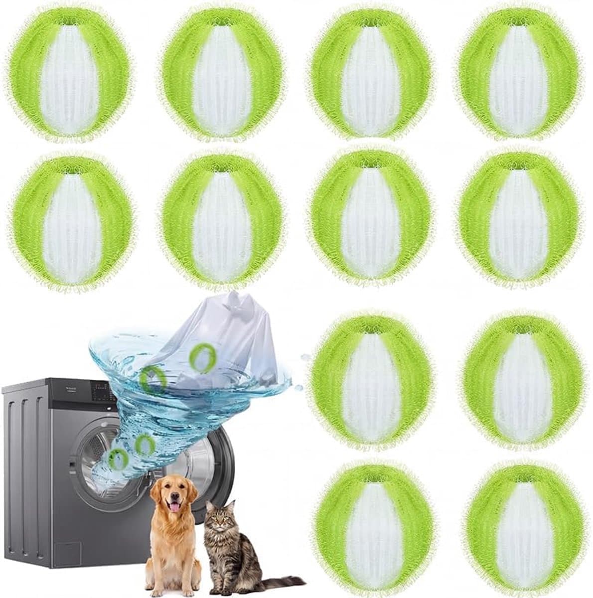 12 Stuks - Haarvangers voor wasmachine - Dierenhaarverwijderaar voor Wasmachine - Herbruikbare Wasballen - Verwijdert Hondenhaar, Kattenhaar & Pluisjes - Anti-Haar Wasmachine Filter - Beschermt Kleding & Machine - Groen/Wit — afbeelding 1