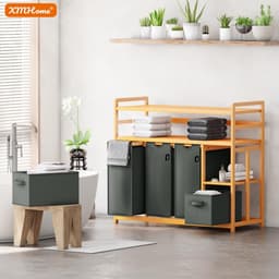 Bamboe wasmand 188 l, met 2 waszakken en 2 opbergdozen, 5-voudige wassorteerder met dubbele plank, wasverzamelaar voor badkamer, slaapkamer en bijkeuken, donkergrijs — thumbnail 5