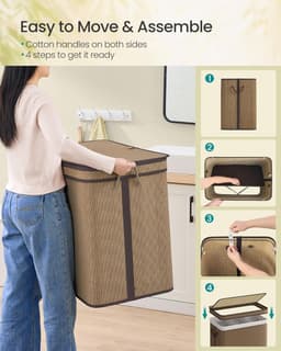 SONGMICS 3-delige wasmand met deksel, (170 L) Grote wasmand met 3 verwijderbare machinewasbare stoffen zakken, bamboe wasmand, handgrepen, voor badkamer, bruin LCB069K01 — thumbnail 3