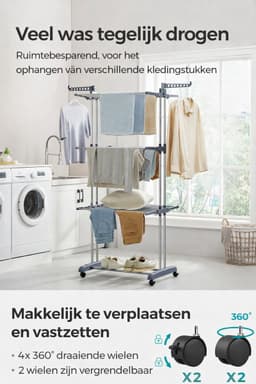 Wasdroogrek 4 Niveaus met Wielen – Opvouwbaar Droogrek met Vleugels & Haken – Verplaatsbaar Wasrek – Grote Capaciteit – Ruimtebesparend – Grijs — thumbnail 5