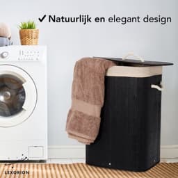 Lexorion Wasmand met Deksel Zwart - Bamboe - Wassorteerder - Wasbare katoenen waszak - Handvatten - 72 Liter - Zwart — thumbnail 2