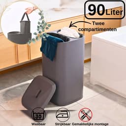INDECOR Wasmand 90 Liter – Wassorteerder - Wasmand met Deksel - Wasmand 2 vakken - Opvouwbare Wasbox voor Badkamer– Antraciet — thumbnail 3