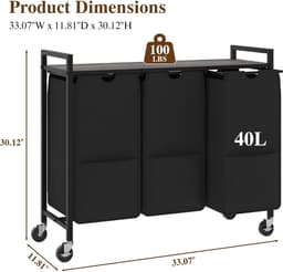 Wasmand met 3 uittrekbare oxfordzakken, legplank, metalen frame en wieltjes, Grijs 84x30x76,5cm, verrijdbaar voor badkamer en slaapkamer — thumbnail 2