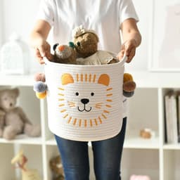 Opbergmanden voor speelgoed katoenen touw mand hond speelgoeddoos kinderen wasmand geweven deken mand met handvatten schattig dier wasmand, geschenkmand voor babykamer decor (leeuw) — thumbnail 4
