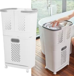 Wasmand met Wielen - Kleding Sortéér Mand - Efficiënt Wassen - Drie Afzonderlijke Vakken - 74 cm Hoog - Grijs — thumbnail 2