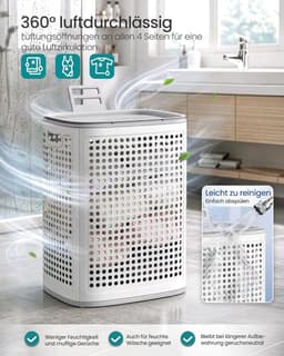 SONGMICS wasmand met deksel, wasbak plastic, 75 L, wasbak smal, wasbox ruimtebesparend, voor badkamer, wasruimte, slaapkamer, wit-grijs RLH021WG01 — thumbnail 4