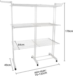 Droogrek Toren - Wasdroger Uittrekbaar - Kleding Drogen - Opvouwbare Vleugels - 75-132cm - Wit — thumbnail 4