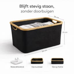 Vellano Opvouwbare Wasmand 45L – Zwart – Wasmand met Bamboe Rand – Inklapbare Wasbox met Handgrepen – Heupwasmand – Opbergmand — thumbnail 2