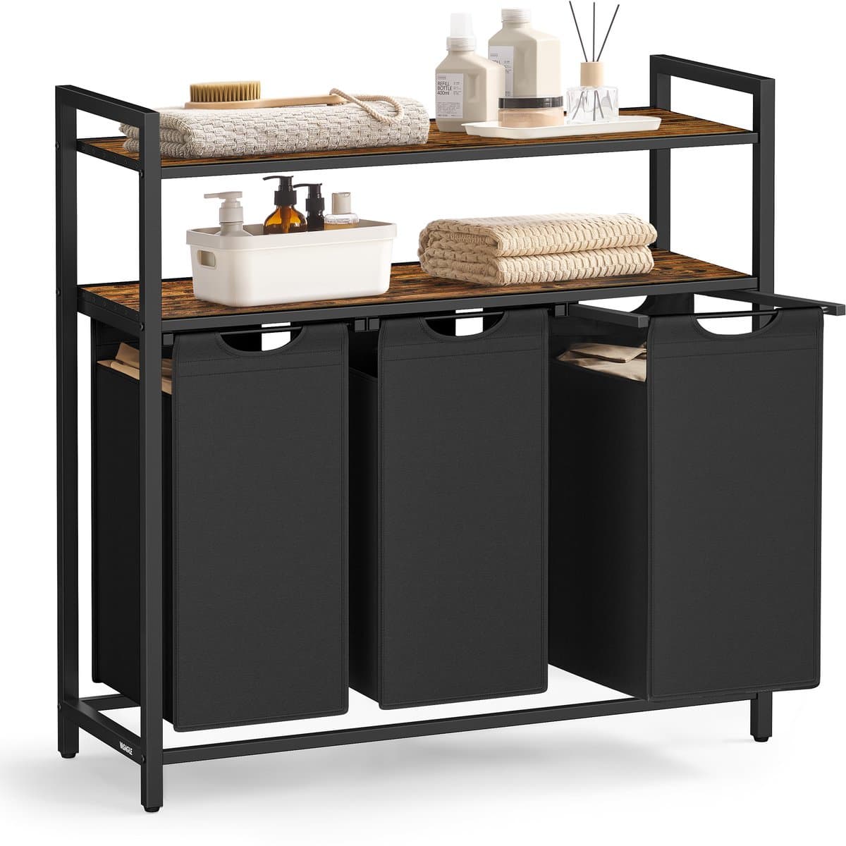 Jensaro Wasmand met 3 Compartimenten en Wielen - 150 Liter - Waskar met Bovenplank - Stalen Frame - Draagvermogen 44kg - Zwart — afbeelding 1