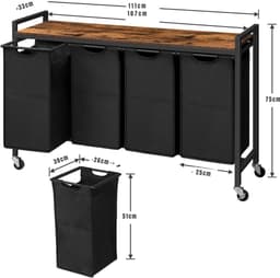 YOR® Wassorteerder 4 vakken - Wasmand 4 vakken 4x 39 Liter - Wasmand Met Opbergplank - Wassorteerder - Dubbele wasmand - Duo Wasmand – Wasmanden - Zwart - 111cm x 33cm x 75 cm — thumbnail 4