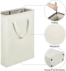 Opvouwbare Wasmand met Deksel - 45 Liter Slanke Wasmand Smal - Opklapbare Wasmand voor Badkamer en Slaapkamer - Kleine Wasmand Ruimtebesparend met Handvatten - Grijs — thumbnail 4