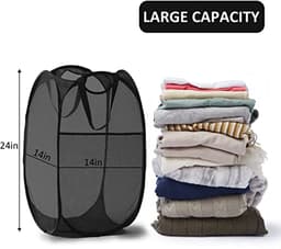 Wasmand - 3 stuks - Opvouwbare wasmand – Pop-up wasmand - Inklapbare pop-up wasmand van gaas - Voorzien van stevige handgrepen en zijvak - Draagbare, opvouwbare mand voor studentenkamers, badkamers en op reis - Zwart — thumbnail 5