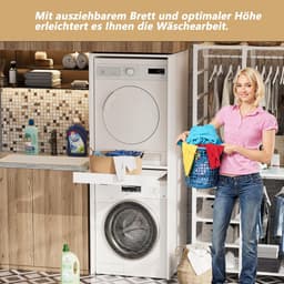 Wasmachinekast - Droger meubel - Wasruimte organiseren - Uittrekbare plank - 180 x 65 x 66 cm - Wit Hout — thumbnail 4