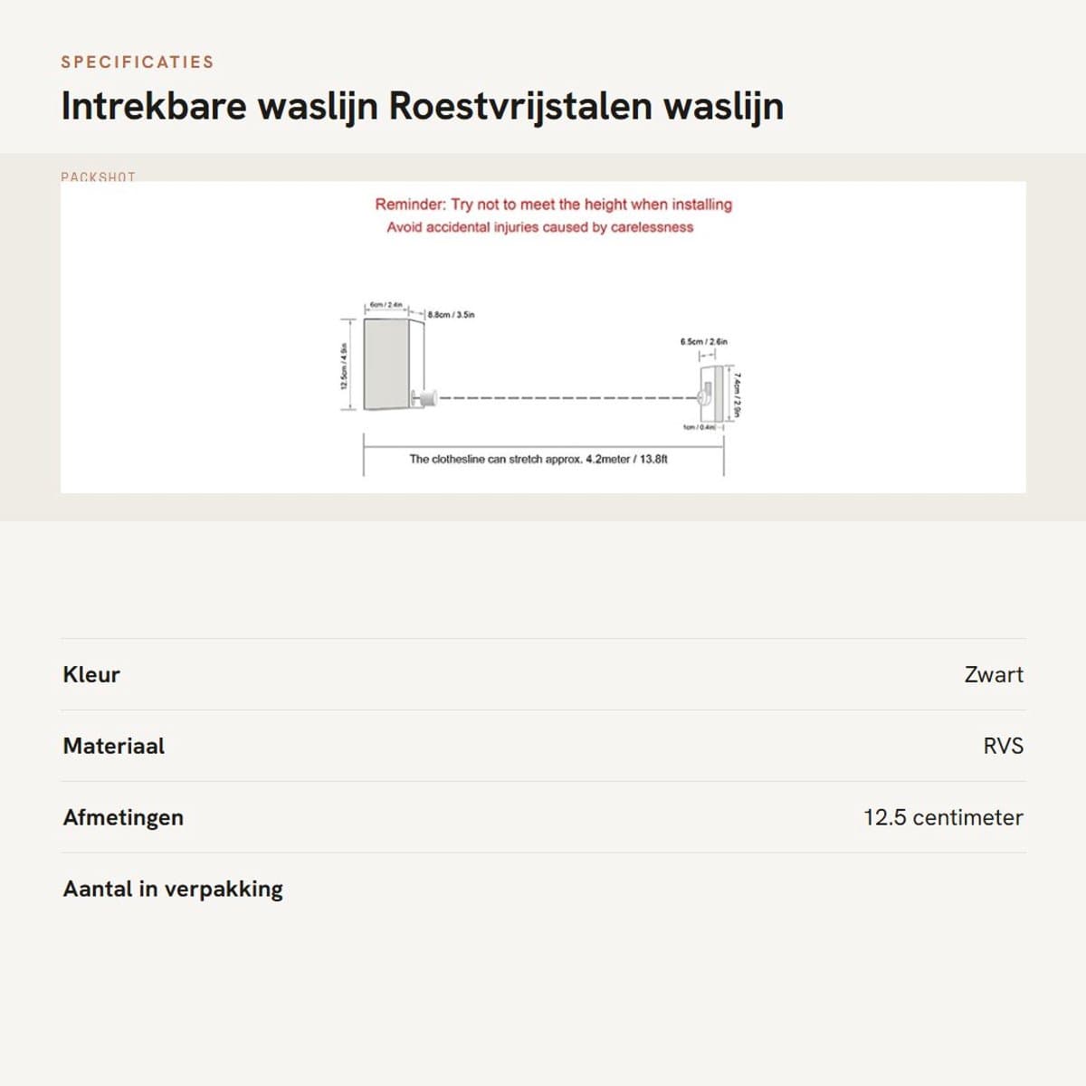Dailygoods- Waslijn Intrekbaar - Wandmontage - Roestvrij Staal - Duurzaam - Max. Belasting 20 kg - Lengte 4,2 meter - Kledingdroogrek — afbeelding 1