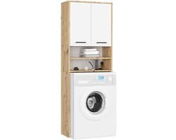 Badkamerkast voor Wasmachine FIN / Hoge Wasmachinekast met 2 Deuren / AKORD Furniture Factory / Artisan Eik - Wit / 65 x 180 x 30 cm