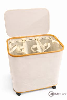 DutchHome Wasmand 3 Vakken 160L met Wielen en Deksel - Wassorteerder Beige — thumbnail 4