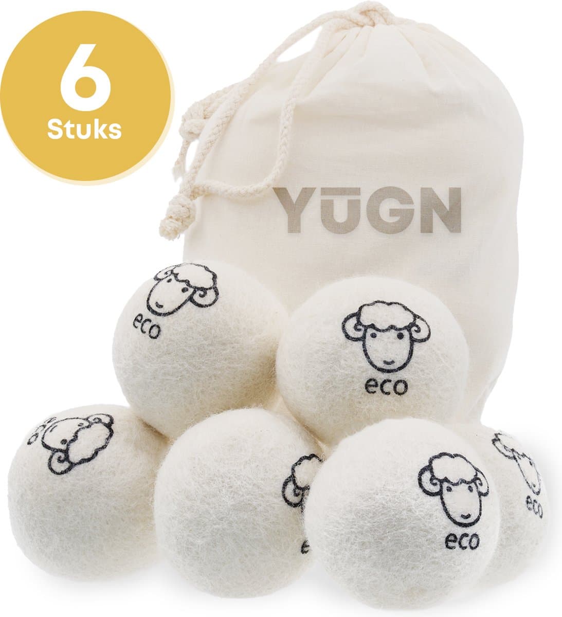 YUGN Eco Set 6 Stuks XL Drogerballen Wol - 100% Schapenwol - Inclusief Opbergzakje - Wasdrogerballen — afbeelding 1