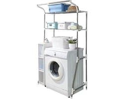 Opbergplank Toilet Boven de Wasmachine - Opbergrek Badkamer Ruimtebespaarder - 2 Planken Wasruimte Organizer met Ophangstang - Eenvoudige Montage - Verstelbare (62-101) x 173 x 48 cm Ivoor Wasmachine rek