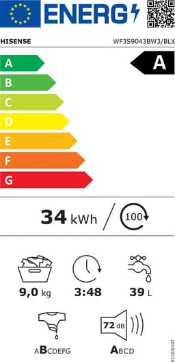 Hisense WF3S9043BB3 vrijstaande wasmachine - 9 kg capaciteit - 1400 tpm centrifugeersnelheid - energiezuinig - zwart — thumbnail 2