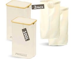 Wasmand met Waszak - 100L - Groot formaat - Wasmand met deksel - Sterk materiaal - Wassorteerder - 2 Stuks - Beige