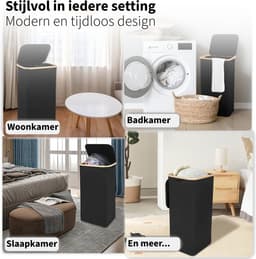 Wasmand met Waszak - 100L - Groot formaat - Wasmand met deksel - Sterk materiaal - Wassorteerder - 2 Stuks - Zwart — thumbnail 2